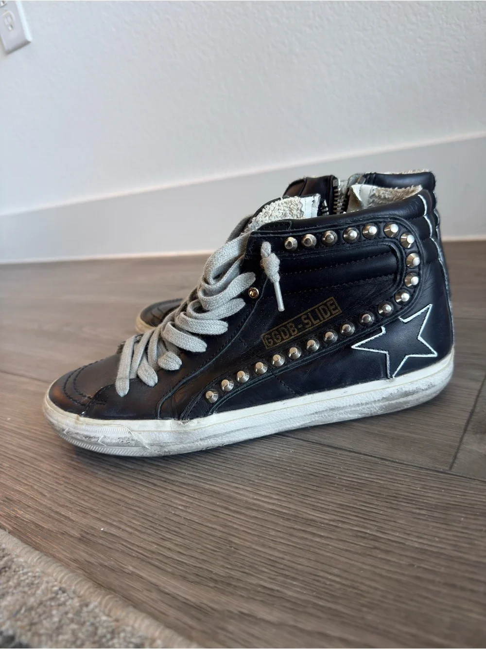 Customized Gold Goose Slides 37 Black High-Top Sneakers with Stud Detail